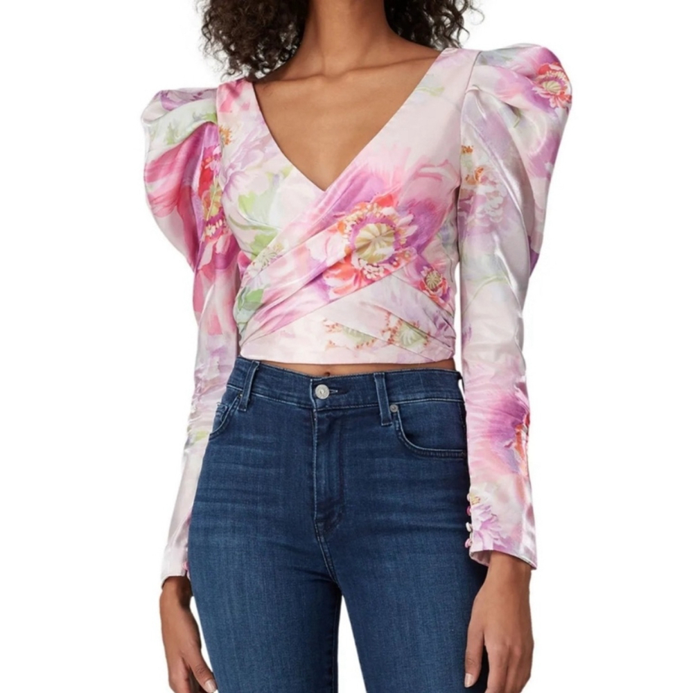 Women's Unbranded Pink Floral Puff Sleeve Crop Top M